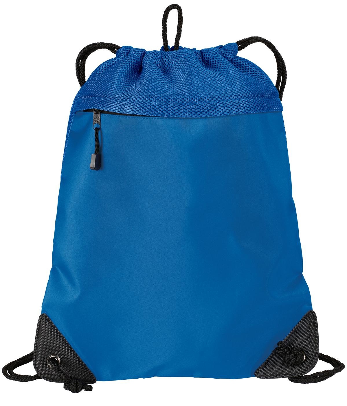 Blue drawstring bag with black accents on a white background