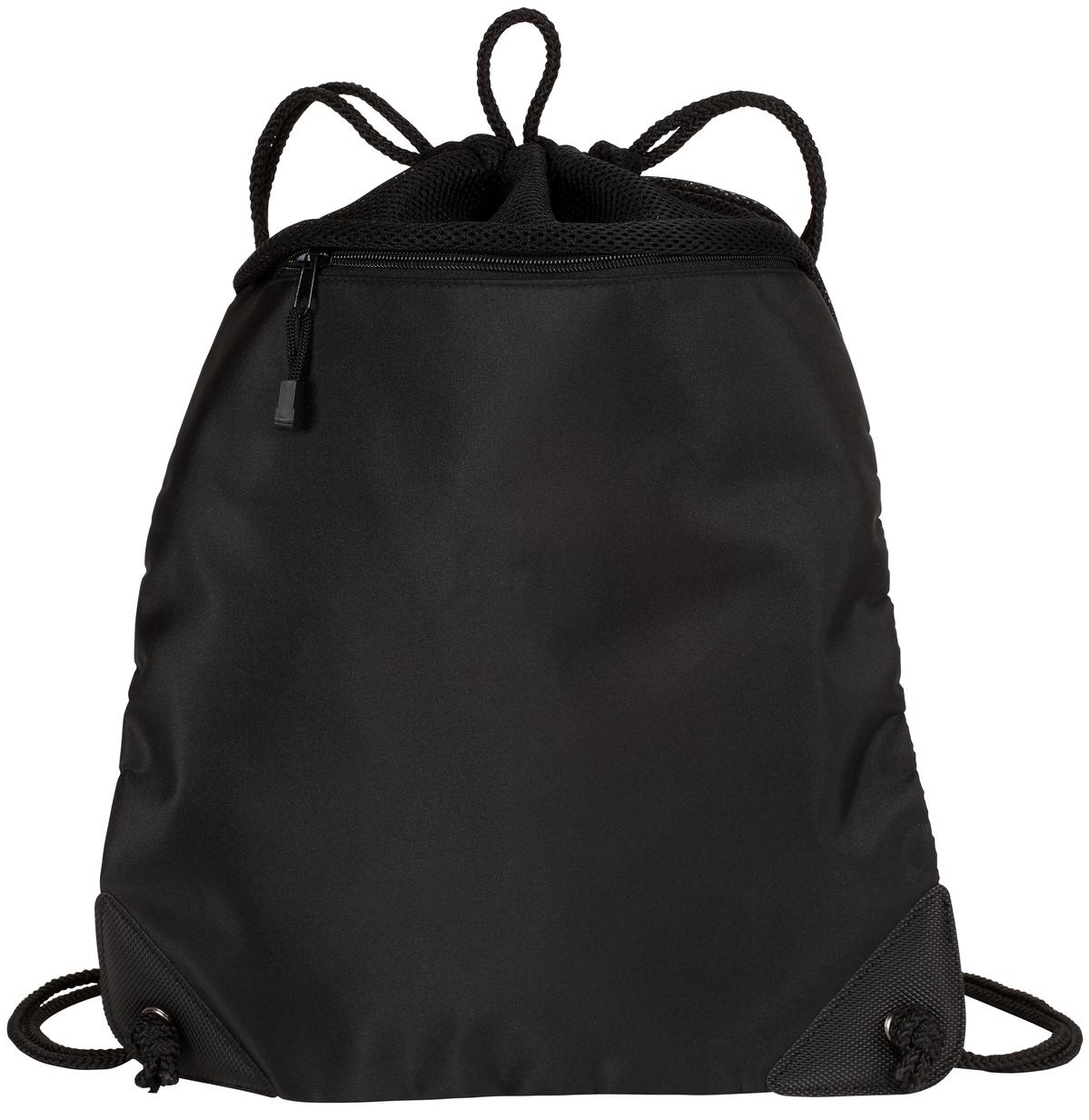 Black drawstring backpack on a white background