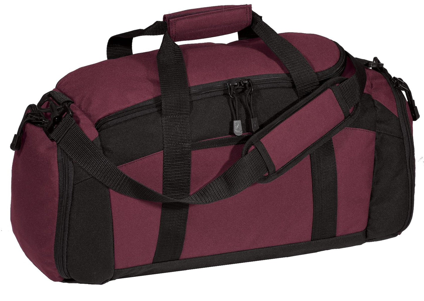 Maroon duffel bag with black straps on a white background