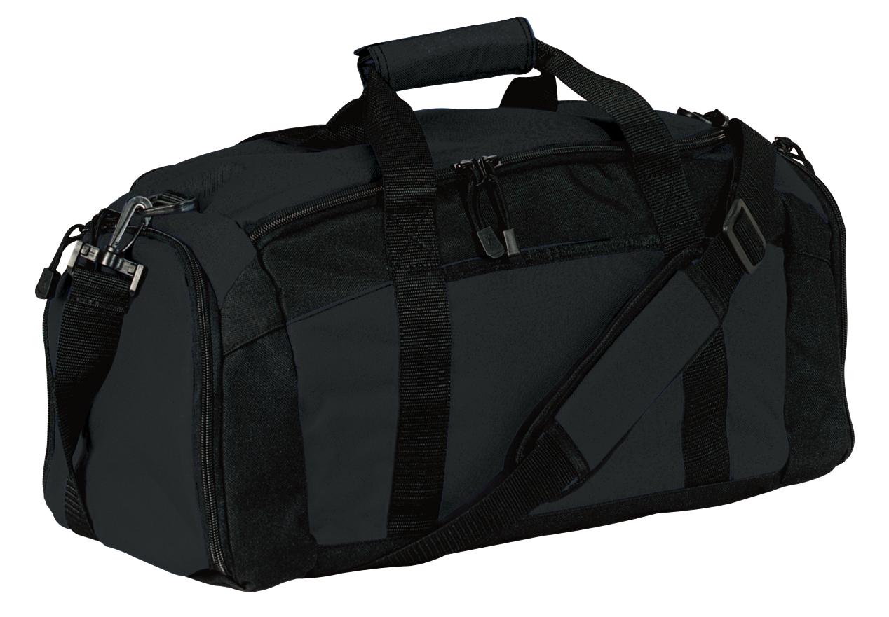 Black duffel bag with multiple straps on a white background
