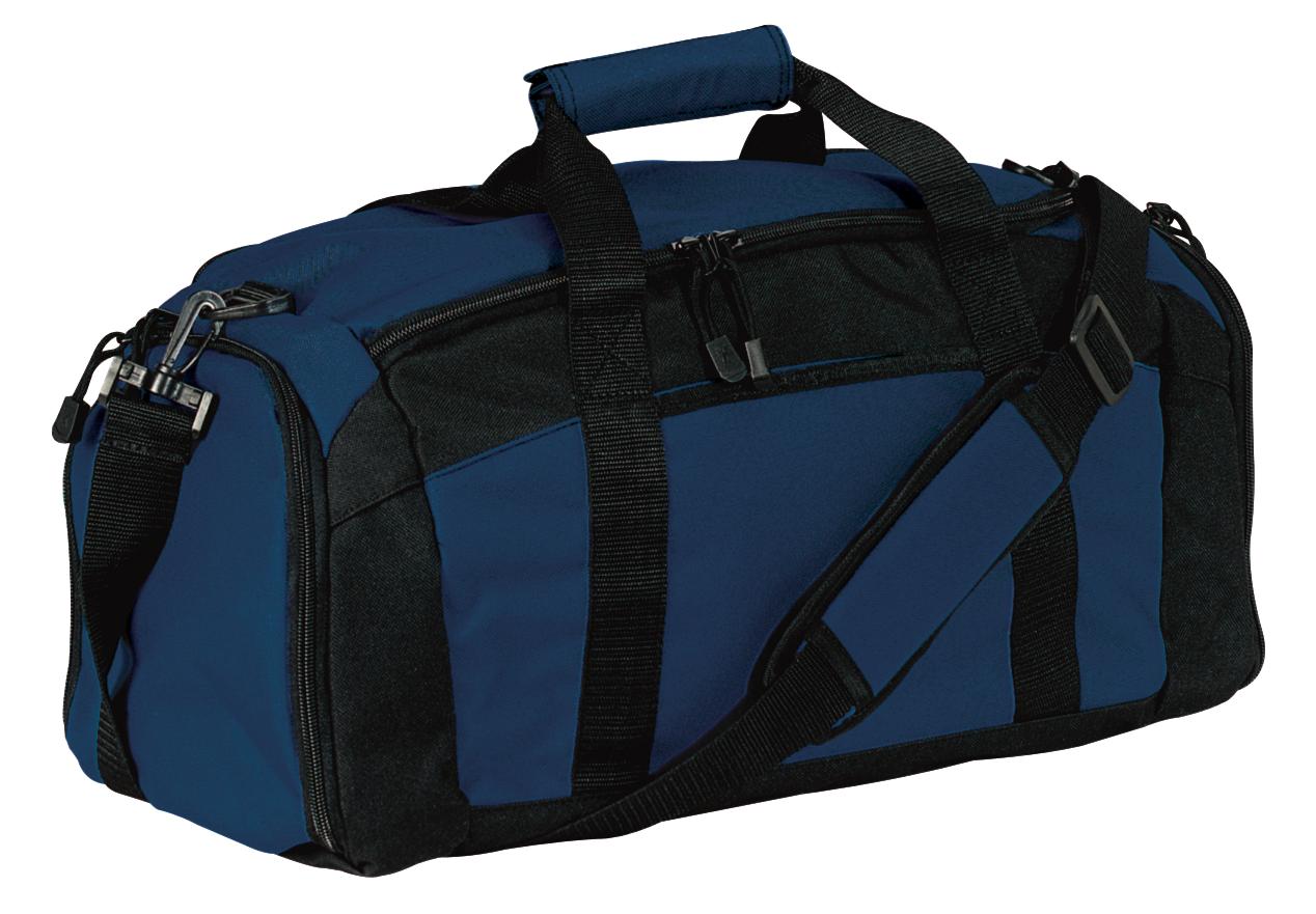 Blue and black duffel bag on a white background