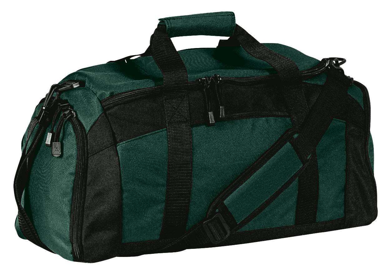 Green and black duffel bag on a white background