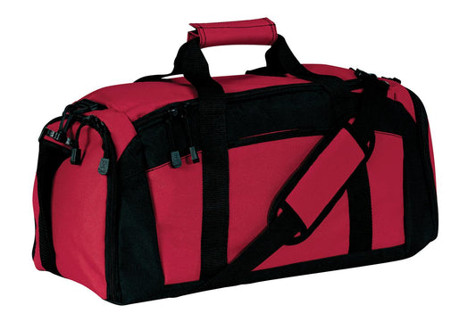 Red and black duffel bag on a white background