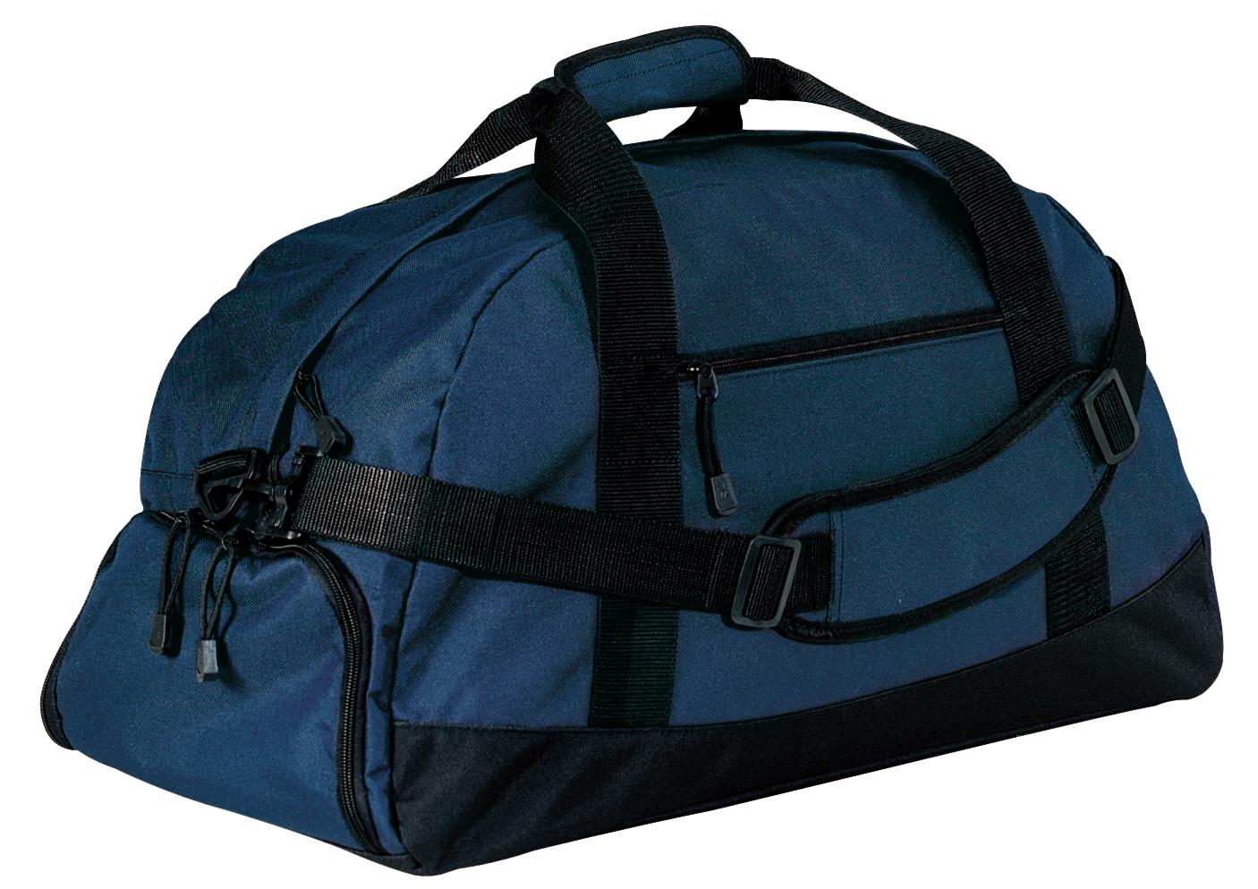 Navy Blue duffel bag with black straps on a white background