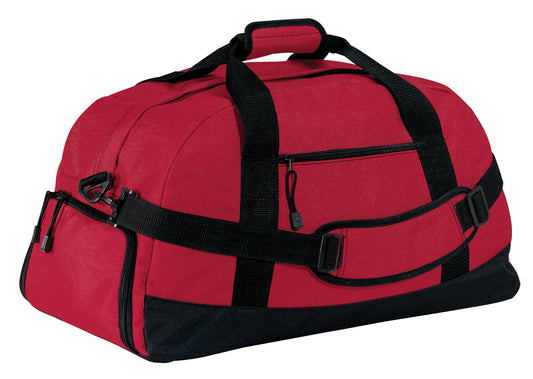 Red duffel bag with black straps and zippers on a white background