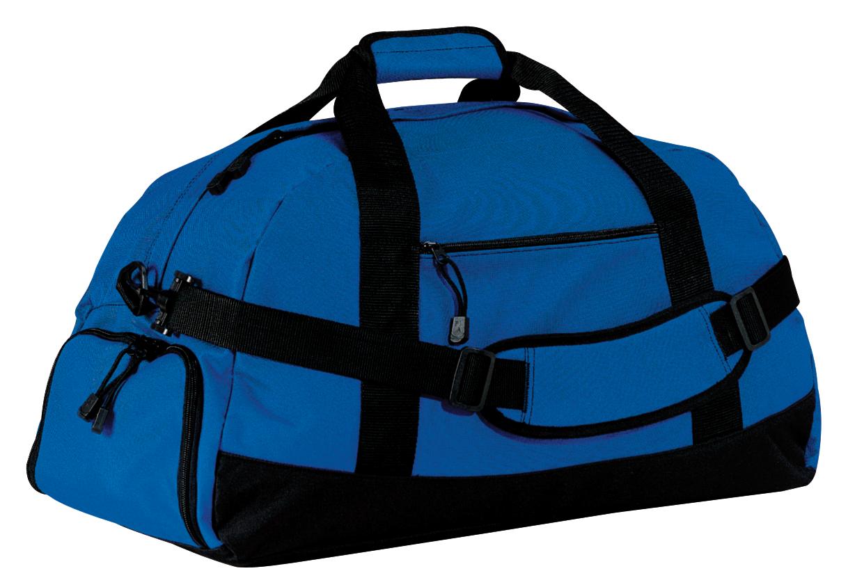 Blue duffel bag with black straps on a white background