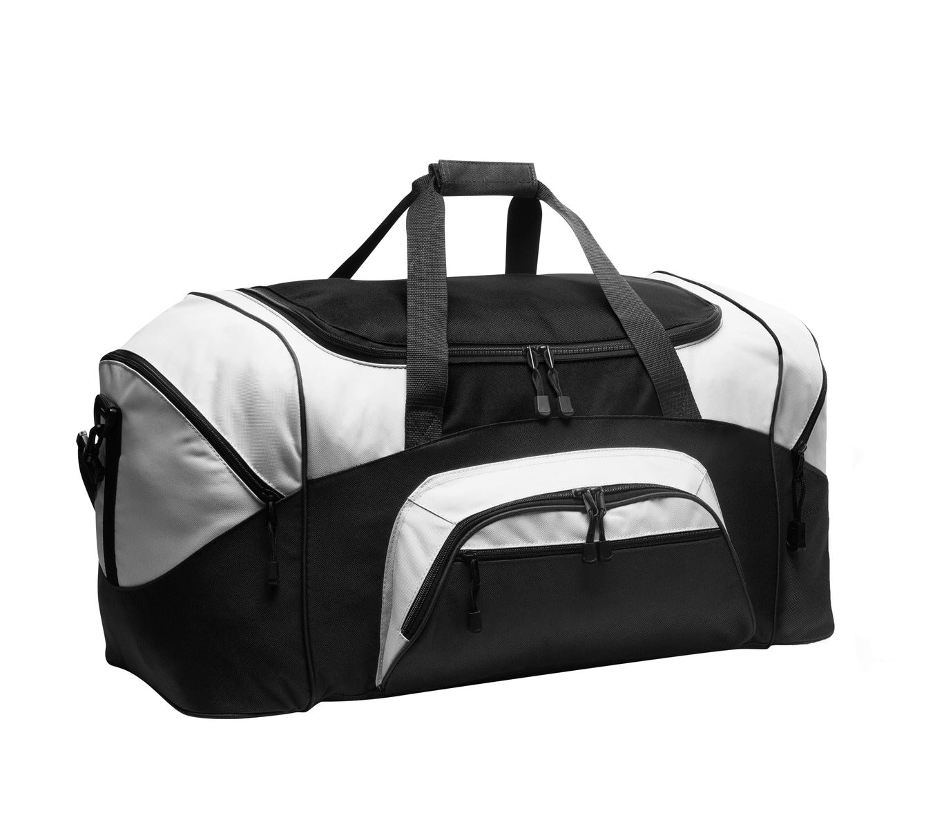 Black and white duffel bag on a white background