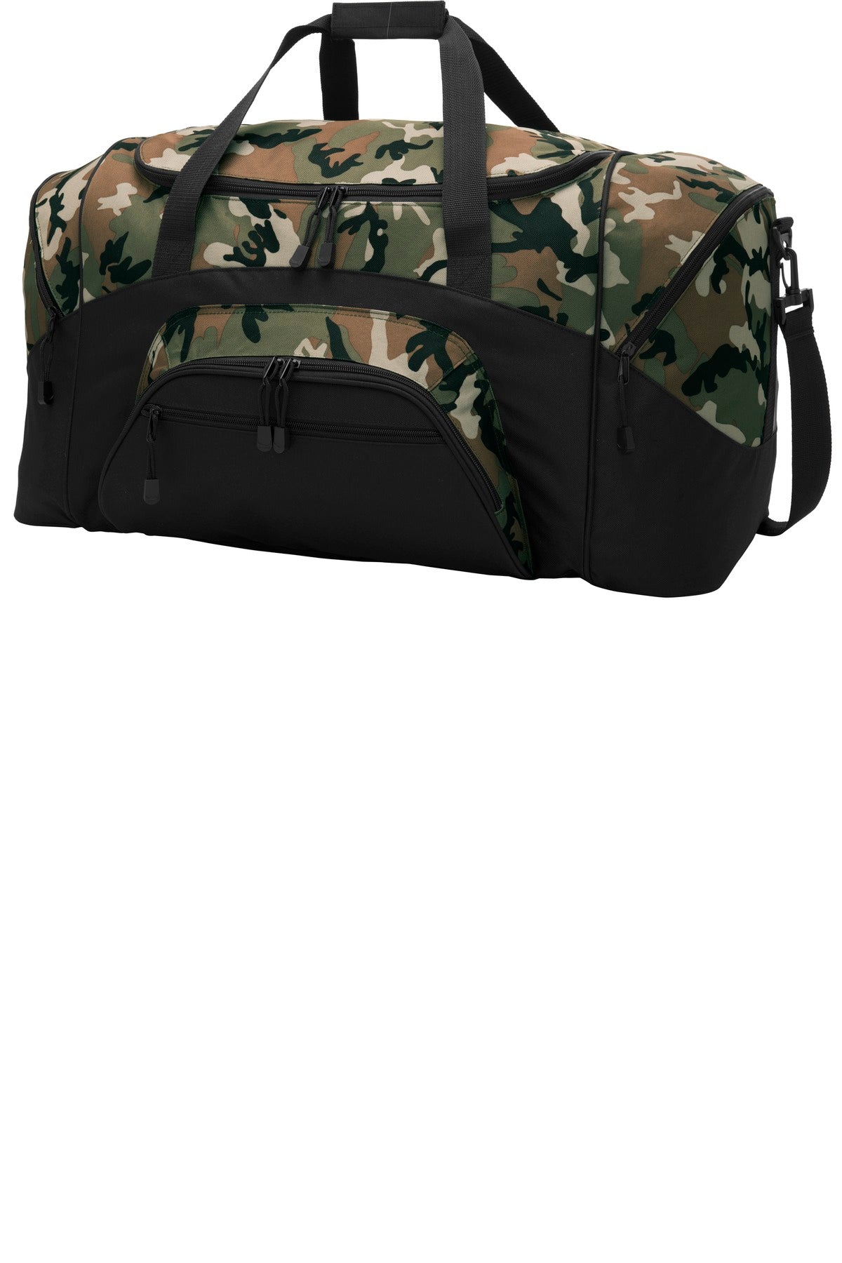 Camouflage duffel bag with black accents on a white background