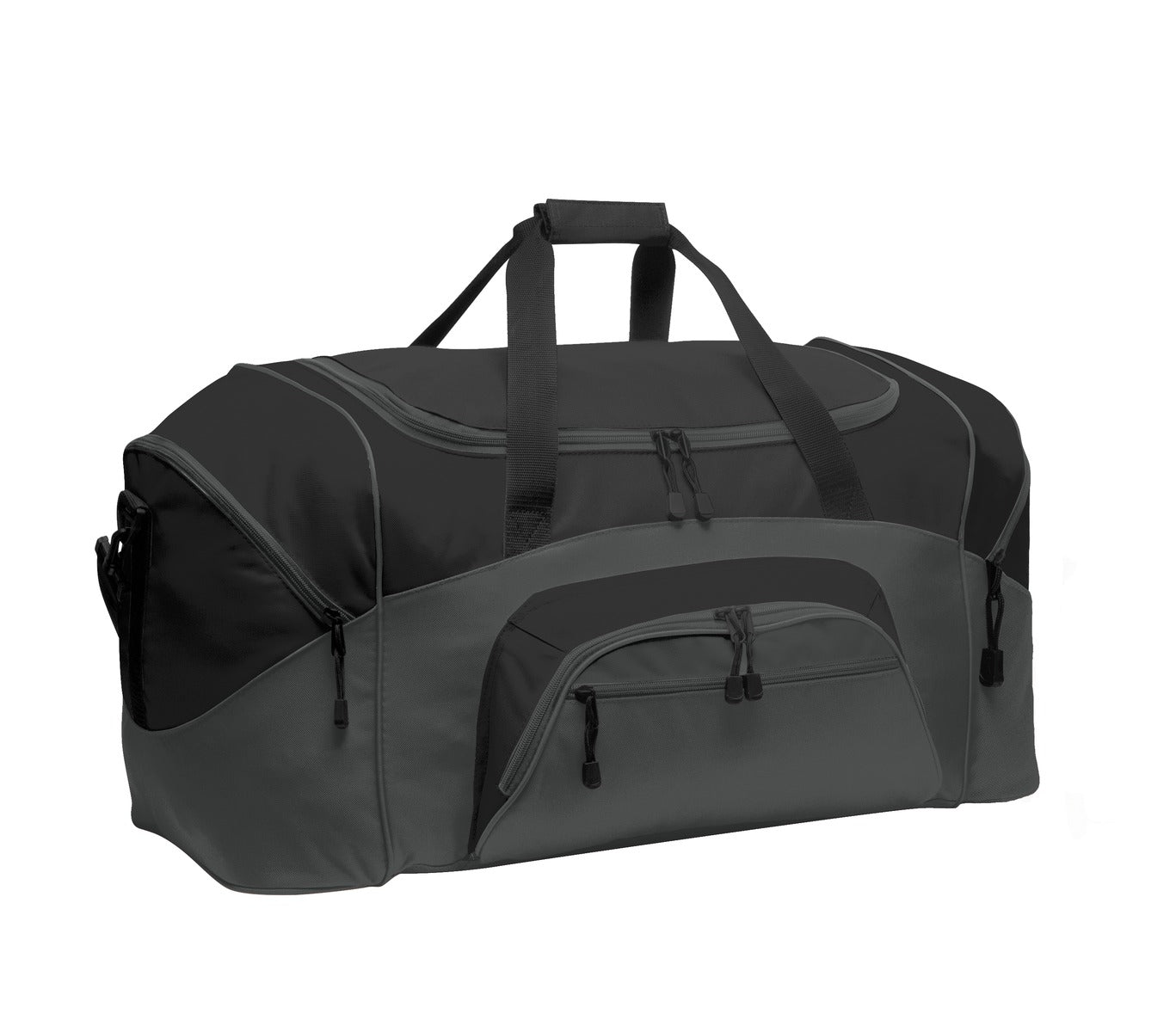 Black and gray duffel bag on a white background