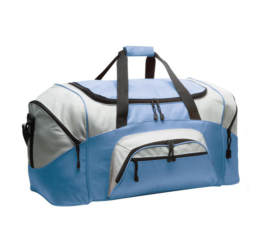 Light Blue and gray duffel bag on a white background