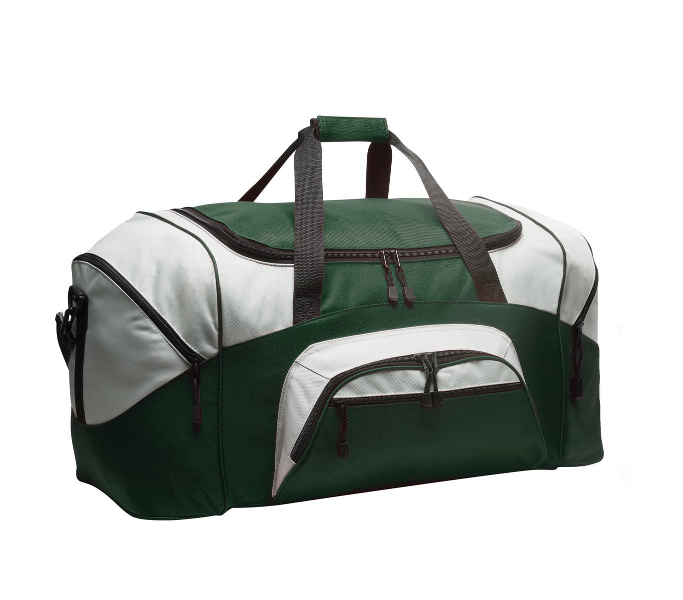 Green and white duffel bag with black straps on a white background