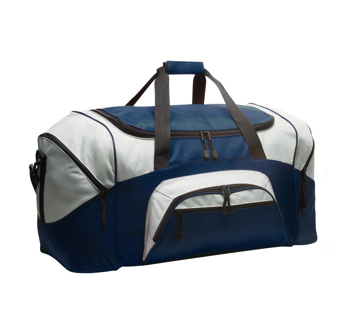 Blue and white duffel bag with black straps on a white background