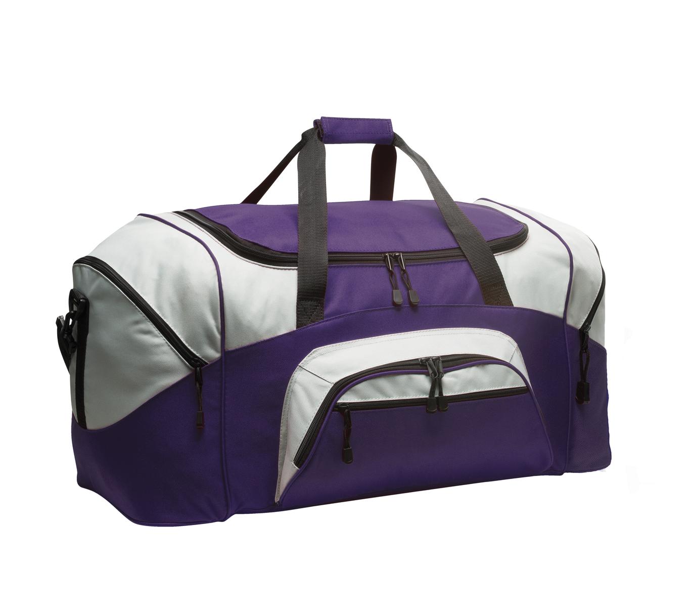 Purple and white duffel bag with black straps on a white background