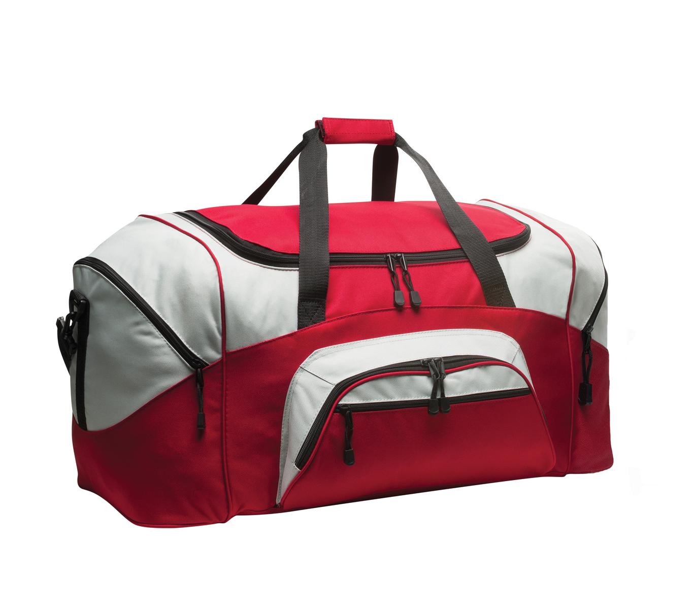 Red and white duffel bag with black straps on a white background