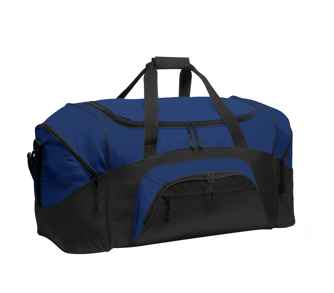 Blue and black duffel bag on a white background