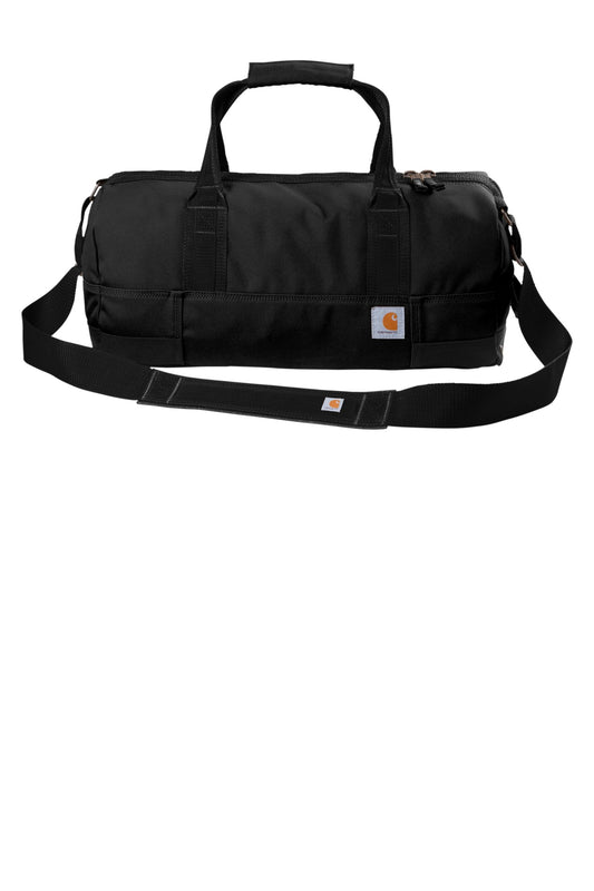 Black duffel bag with Carhartt logo on a white background