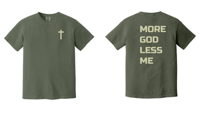 Christian Cross T-Shirt — "MORE GOD LESS ME" Garment-Dyed Faith Tee