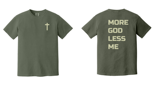 Christian Cross T-Shirt — "MORE GOD LESS ME" Garment-Dyed Faith Tee