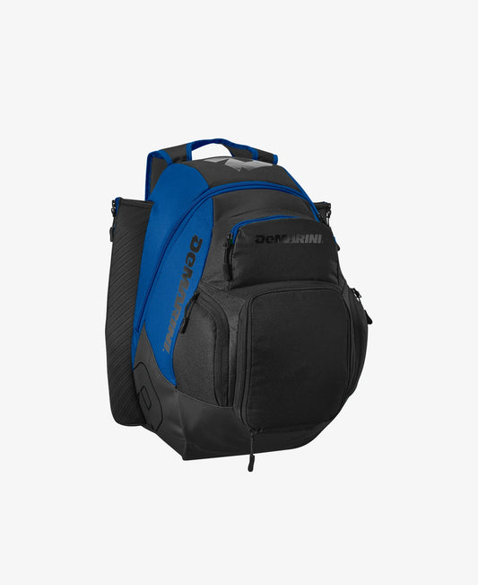 Black and blue backpack with a brand logo on a white background