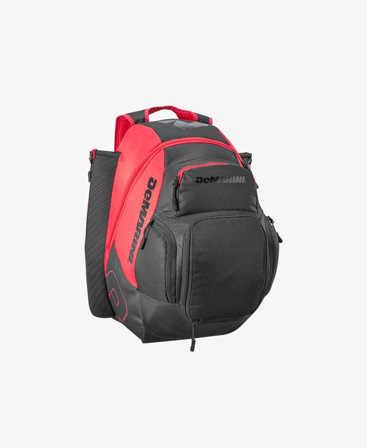 Black and red backpack with visible branding on a white background