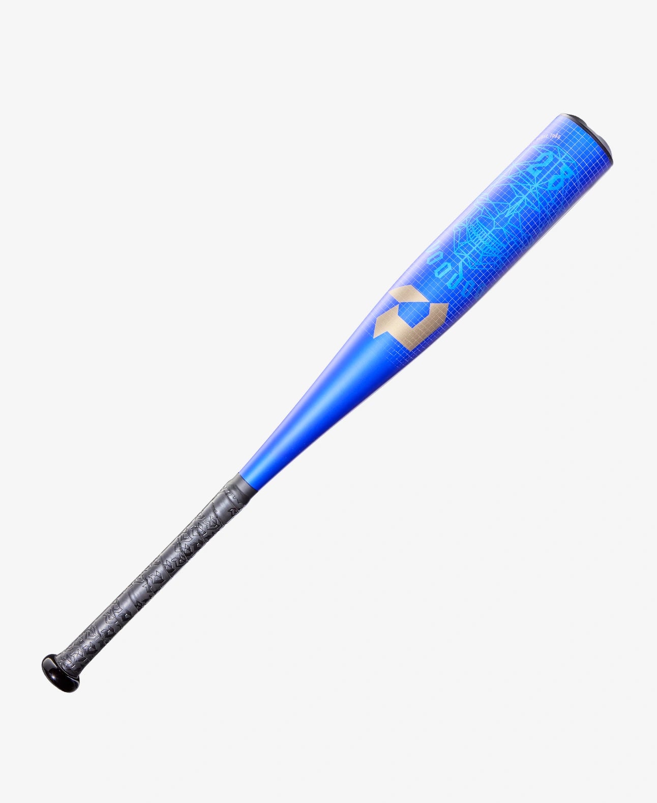 Blue baseball bat with a black grip on a white background