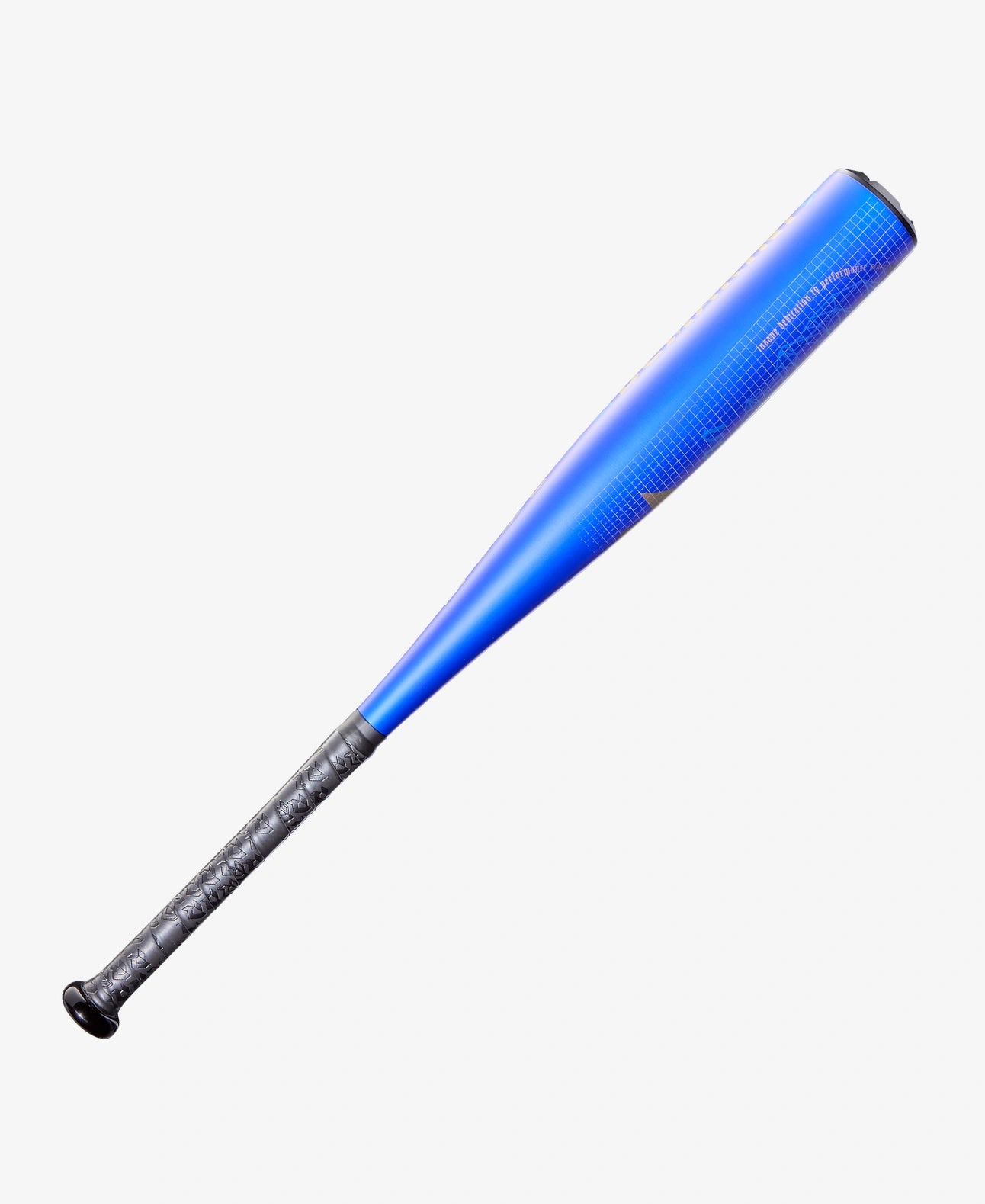 Blue baseball bat with black base on a white background
