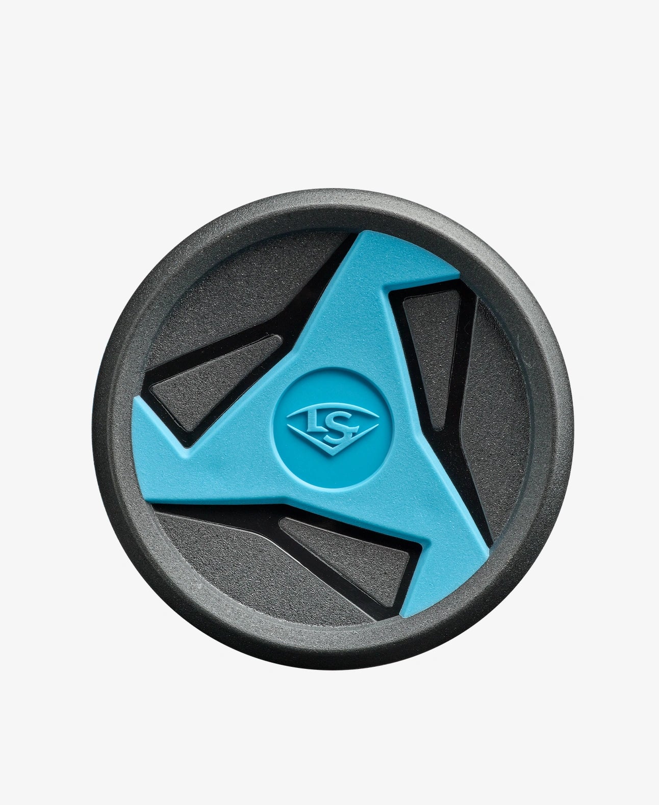 Bottom of Atlas baseball bat with blue center and black sides on a white background