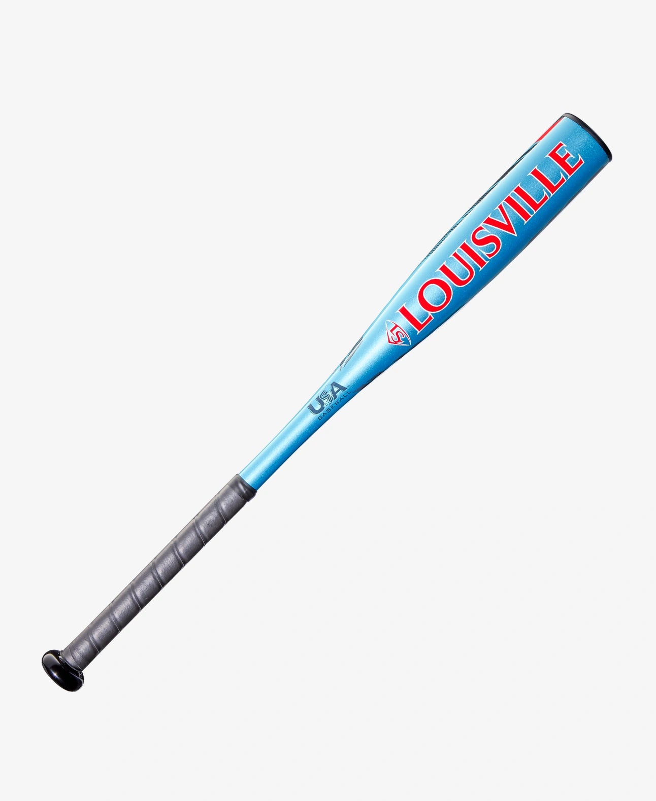 Blue baseball bat with gray grip on a white background