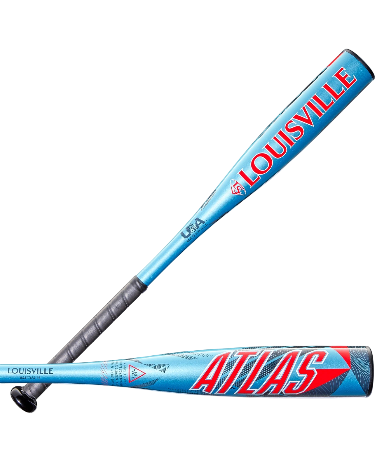 Blue and red Louisville Slugger baseball bat on a white background